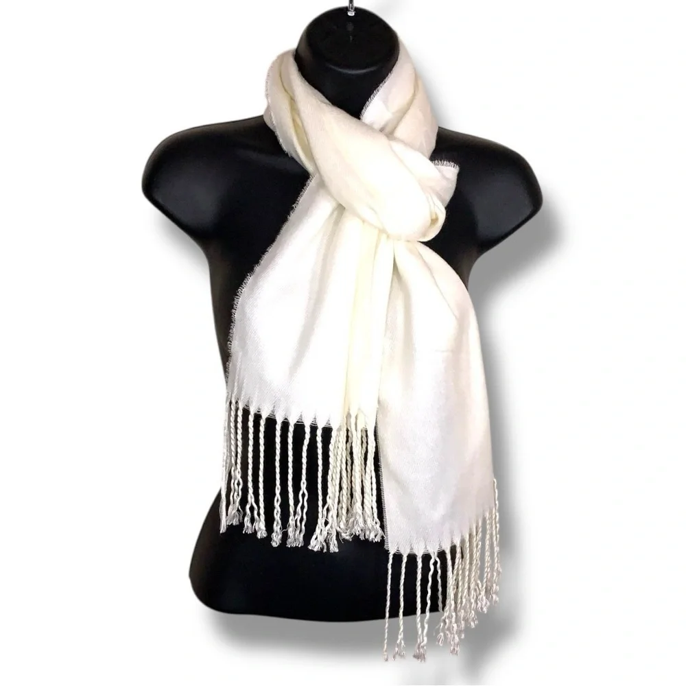 Soft Ivory Knit Scarf With Fringe Unisex Neutral